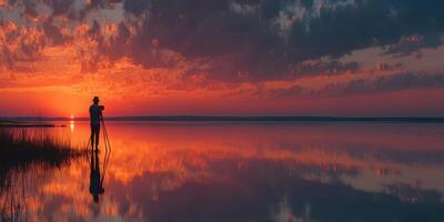 Golden hour photographer capturing vibrant sunset reflections near a tranquil lake photo