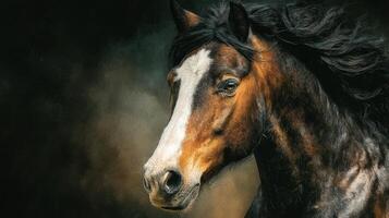 Majestic horse portrait captured in soft light showcasing details of its mane and expressive features photo