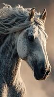 Majestic gray horse with flowing mane against a soft background during golden hour photo