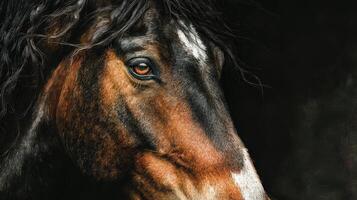 Majestic close-up of a horse's head showcasing intricate details and expression in natural lighting photo