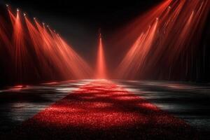 Dramatic red carpet illuminated by spotlight beams at a glamorous event in a darkened venue photo