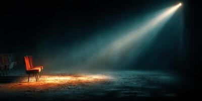 Abandoned theater with illuminated chair in dim light creating an atmospheric contrast photo