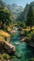 Breathtaking mountain landscape with a serene river flowing through lush greenery under a clear blue sky photo
