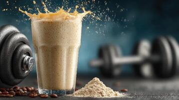 Protein shake splashing from glass near dumbbell and coffee beans on dark surface in gym setting photo