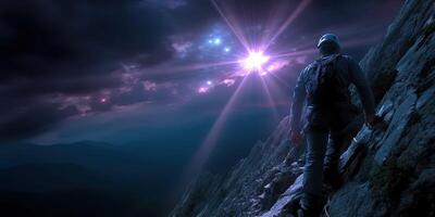 Climber ascending rocky mountain under a cosmic sky during twilight with vibrant starburst photo