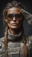 Portrait of a confident female soldier saluting with determination in tactical gear against a dark background photo