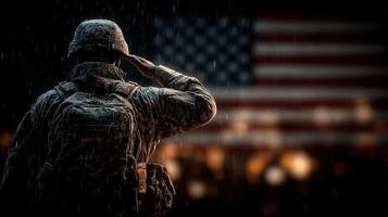 Soldier saluting under rain with American flag backdrop during solemn remembrance ceremony photo