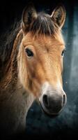 Close-up view of a majestic horse in a serene winter setting, showcasing its expressive features and mane photo