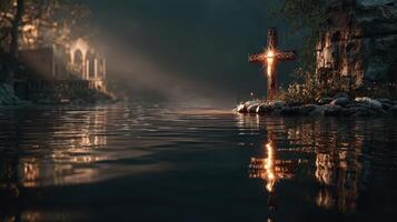 Reflection of light on water with a cross and ancient structures during twilight in a serene environment photo