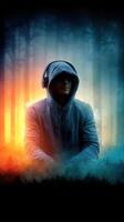 Young man in a hoodie listening to music in a mystical forest setting during twilight hours photo