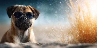 Cute dog wearing sunglasses relaxing on sandy beach during sunny day near tall grass photo