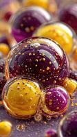 Colorful bubbles in shades of purple and yellow on a textured surface captured in macro detail photo