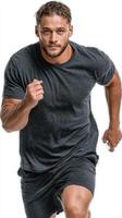 Fitness routine features man sprinting during workout session in gym environment focusing on strength training and athleticism photo