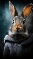 Rabbit wearing a hoodie in a dark setting with a mysterious background photo