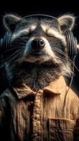 Raccoon enjoying music while wearing headphones and a button-up shirt in a cozy setting photo