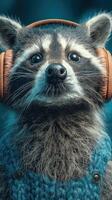 Raccoon wearing headphones and cozy sweater enjoys music in a colorful setting photo