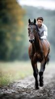 Horse riding through a muddy path in a serene forest during early morning light by a focused rider showing determination and connection photo