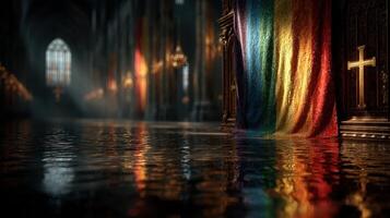 Colorful drapery reflects in water inside a historic church during a quiet moment of contemplation photo