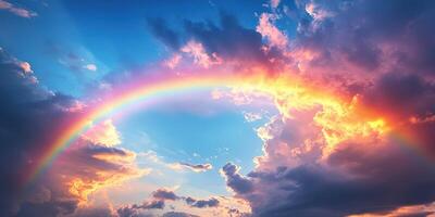 Vibrant rainbow arching through colorful clouds during a sunset sky in nature's breathtaking display of colors photo