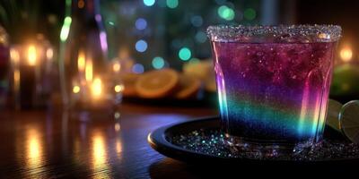 Colorful rainbow cocktail served on a table with a vibrant background of lights during a festive evening photo