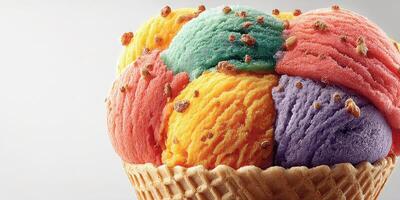 Colorful scoop of assorted ice cream topped with crunchy sprinkles in a waffle cone photo
