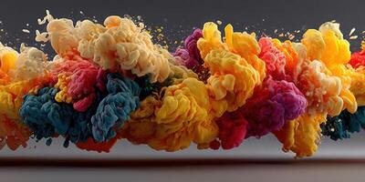 Colorful explosion of vibrant hues fills the air with swirling clouds of pigment at creative art studio photo