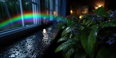 Raindrops on window sill reflect vibrant rainbow while lush greenery thrives in evening light photo