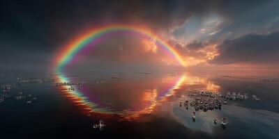 Vibrant rainbow arches over calm ocean waters at sunset, creating a stunning natural display photo