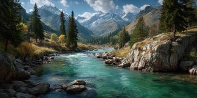 Serene mountain landscape with crystal clear river under bright blue sky in autumn season photo