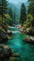 Scenic river flows through lush forest surrounded by mountains on a tranquil summer day photo