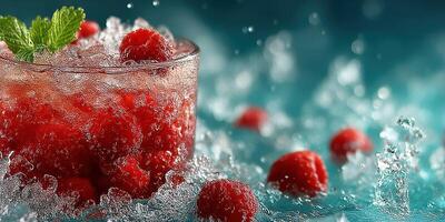 Refreshing raspberry drink with crushed ice served on a vibrant teal background photo