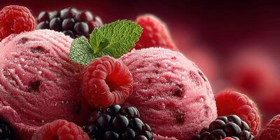 Raspberry and blackberry sorbet served with fresh mint leaves in a vibrant dessert setting photo