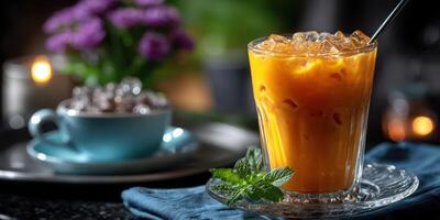 Refreshing iced beverage served with mint leaves and a flower pot in a cozy setting during evening hours photo
