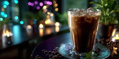 Refreshing iced coffee served in a glass with ice on a dimly lit table surrounded by decorative lights and plants photo