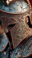 Intricate bronze armored warrior ready for battle during historic reenactment in ancient city setting at dawn photo