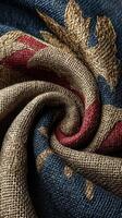 Textured fabric with intricate pattern representing national symbols displayed on a silk backdrop photo