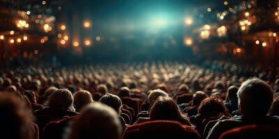 Audience watches performance in a grand theater illuminated by warm lights during an evening show photo