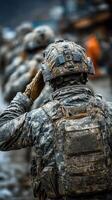 Soldiers in winter uniform prepare for deployment in a snowy environment, demonstrating resilience and strength photo