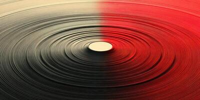 Swirling patterns of a vinyl record showcasing black and red colors with a central label during a close-up view photo