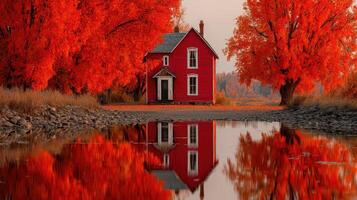 Beautiful red house surrounded by vibrant trees and reflections in still water during autumn photo