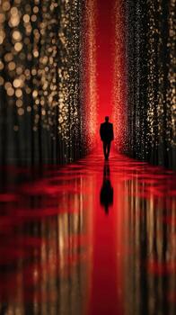 Mysterious figure walks through illuminated pathway in theatrical setting with red hues and shimmering lights photo