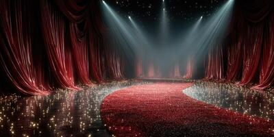 Elegant stage setup with red curtains and sparkling floor, perfect for a glamorous event or award ceremony at night photo