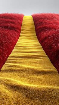 Lush red fields with a bright yellow pathway during golden hour glow in a surreal landscape photo