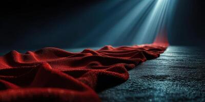 Flowing red fabric on textured surface under dramatic light creates captivating atmosphere photo