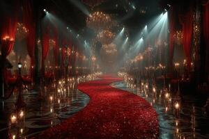 Elegant ballroom with red carpet, chandeliers, and candlelight creating a dramatic atmosphere for a formal event photo