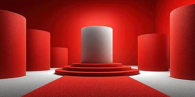 Elevated platform surrounded by red and gray cylindrical structures in a modern design space photo