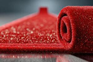 Bright red carpet rolled out for an elegant event in a sophisticated indoor space with sparkling details photo