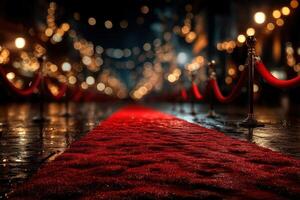 Red carpet leading to a glamorous event with sparkling lights illuminating the evening atmosphere photo