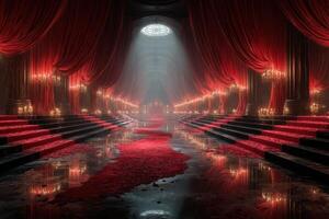 Elegant hall adorned with red curtains and candlelight creates a dramatic atmosphere during a lavish event at twilight photo