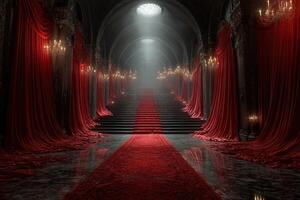 Grand staircase adorned with rich red drapes and crystal chandeliers in a dimly lit hall photo